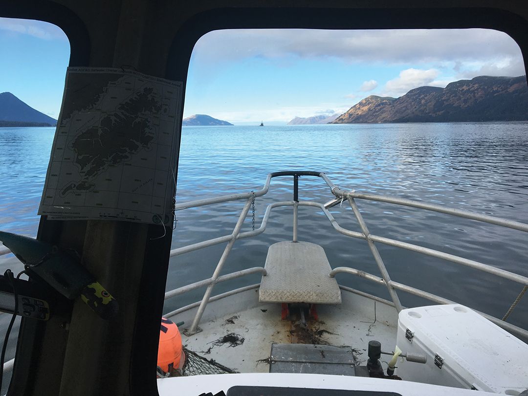 A boat was chartered to make the trip from the city of Kodiak to Larsen Bay on Kodiak Island.